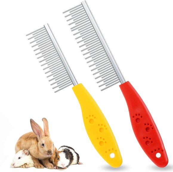 2 Pieces Pet Hair Buster Comb Small Pet Grooming Comb Stainless Steel Long and Short Teeth Comb for Small Animals Rabbits Hamsters Guinea Pigs, Red and Yellow