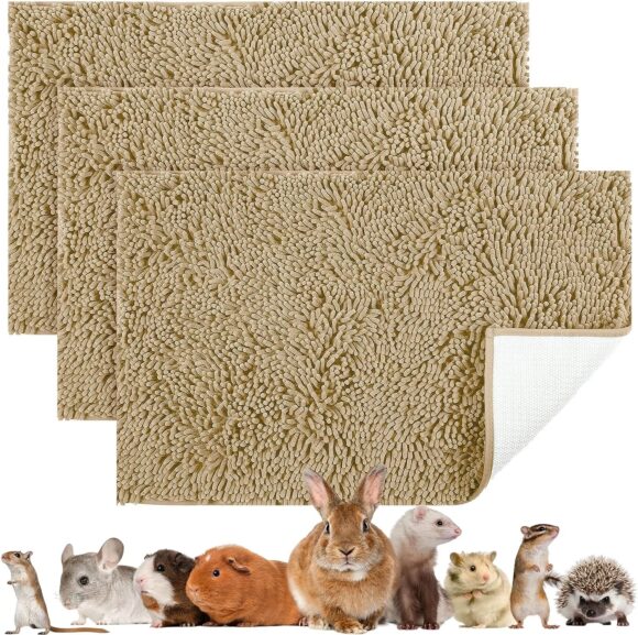 3 Packs Guinea Pig Cage Liners Bedding, Washable Reusable Fleece Blanket for Rabbits, Small Animals Cage Absorbent Pee Pad Supplies Bed Mat (Beige, 16 x 24 Inch)