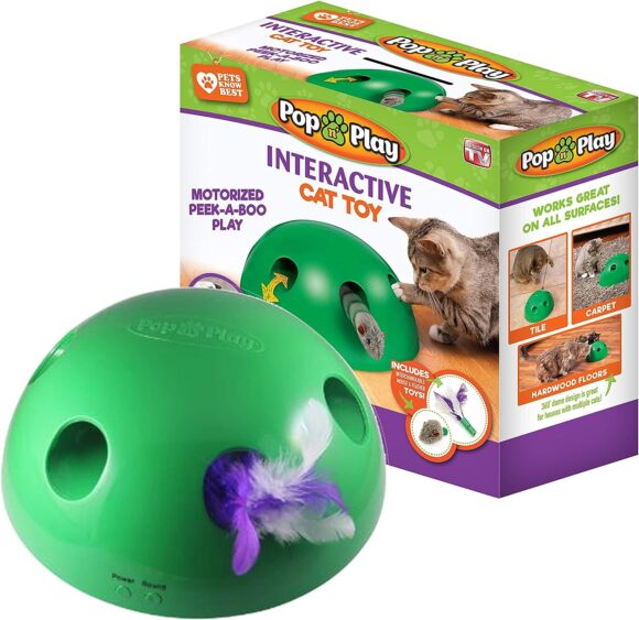 Allstar Innovations Pop N’ Play Interactive Motion Cat Toy, Includes: Electronic Smart Random Moving Feather  Mouse Teaser, Mouse Squeak Sound Optional  Auto Shut Off. Best Cat Toy Ever!