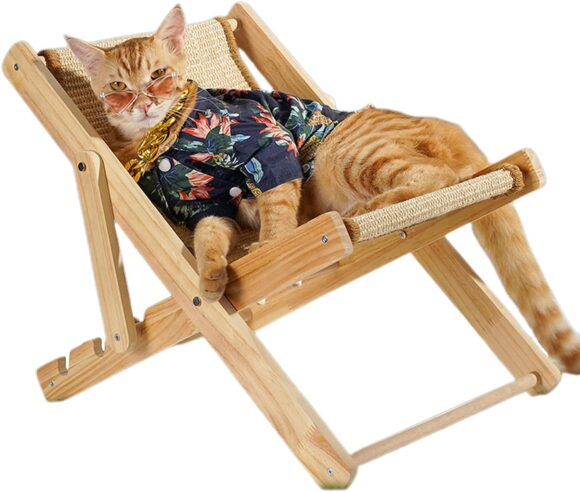 Bantlou Sisal Cat Chair, 4-Speed Adjustable Natural Wooden Cat Chair, Elevated Cat Bed with Sisal Scratcher and Cat Hammock, Original Cat Furniture of Mini Beach Chair