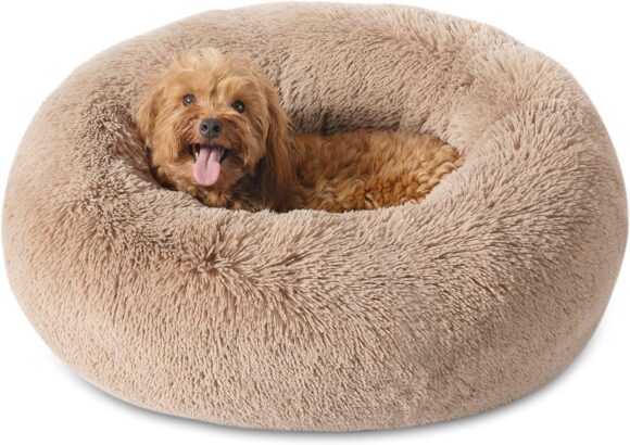Bedsure Calming Bed for Small Dogs - Donut Washable Pet Bed, 23 inches Anti Anxiety Round Fluffy Plush Faux Fur Large, Fits up to 25 lbs Pets, Camel