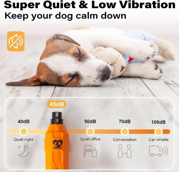 Casfuy 6-Speed Dog Nail Grinder - Newest Enhanced Pet Nail Grinder Super Quiet Rechargeable Electric Dog Nail Trimmer Painless Paws Grooming  Smoothing Tool for Large Medium Small Dogs (Orange)