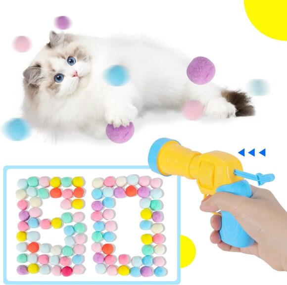 Cat Toys Balls Launcher, 80 Cat Pom Pom Balls Cat Toy Launcher Set, Interactive Cat Toys With 80 Colorful And Soft Cat Balls, Cat Toys For Indoor Cats, The Cat Toys Interactive For Your Cute Cats.