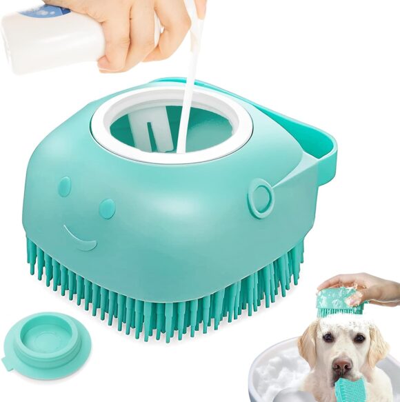 Dog Cat Bath Brush, with Soap and Shampoo Dispenser Dog Grooming Brush Massage Brush Soft Silicone Rubber Bristle for Short Haired Dogs Cats Shower(Blue)