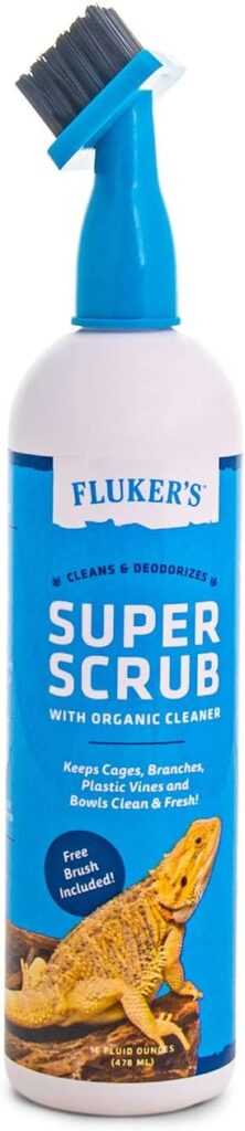 Flukers Super Scrub Brush with Organic Cleaner - Cleans and Deodorizes Reptile Terrariums, 16oz BLUE