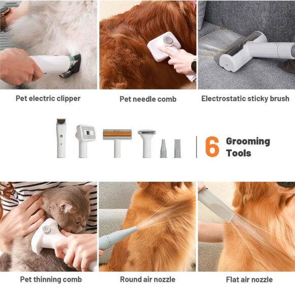 GEREFET Pet Grooming Vacuum and Dryer 2 in 1, Low Noise Dog Grooming Kits with 6 Professional Grooming Shedding Tools for Dog, Cat and Other Animals