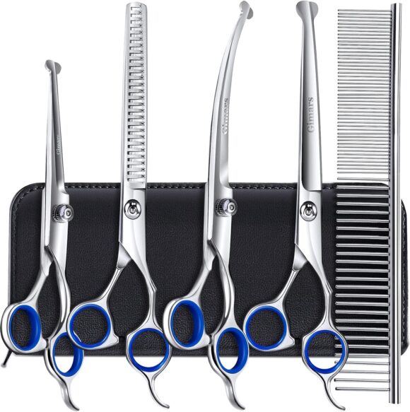 Gimars Professional 4CR Stainless Steel 6 in 1 Dog Grooming Scissors Kit with Safety Round Tip, Heavy Duty Titanium Coated Ergonomic Pet Grooming Scissor for Dogs, Cats and Other Animals