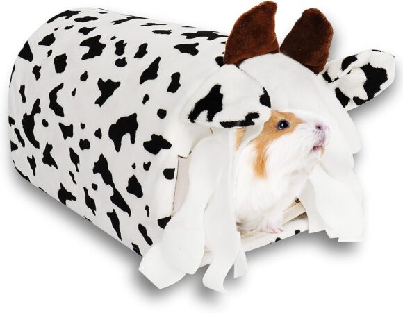 Guinea Pig Hideout Tunnel House, Small Animal Tube Cage Hut, Cute Cow Habitat Decor Accessories with Washing mat for Guinea Pig Hamster Chinchilla Dwarf Rabbit Hedgehog Squirrel Sleep Rest Play
