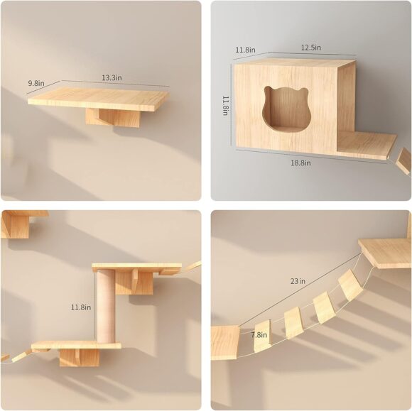Jachee Cat Wall Shelves, Cat Wall Furniture with 2 Cat Bridges  2 Cat Houses, Natural Wood Cat Walkways for Walls with Sisal Scratching Post  4 Cat Wall Shelves for Cat Sleeping Playing Climbing