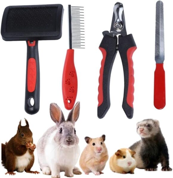 KUNBIUH Rabbit Professional Nail Clippers Grooming Kit with Pet Shedding Slicker Brush, Pet Grooming Comb, Nail Clipper Trimmer for Rabbit, Puppy, Kitten, Guinea Pig, Hamster, Ferret (4PCS)