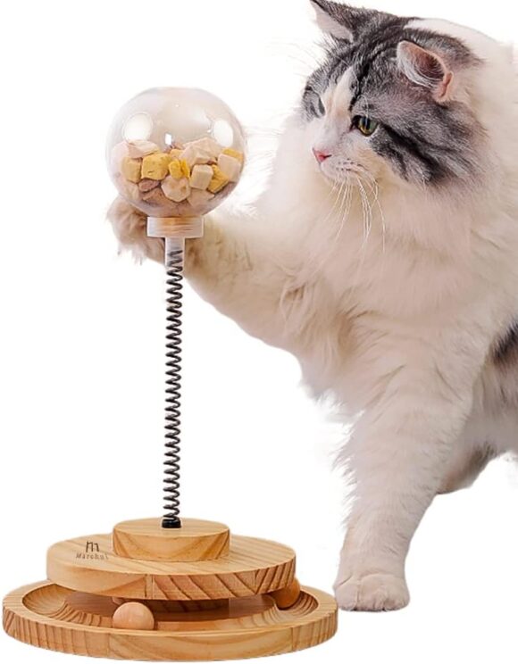 Marchul Cat Food Toy Interactive Cat Toys for Indoor Cats Double 2-Layer Circle Ball Track with Cat Sping Treat Ball Automatic Cat Toy Slow Feeder Treat Toy