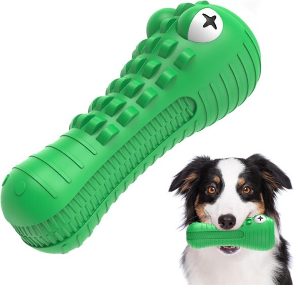 NOUGAT Tough Dog Toys for Aggressive Chewers, Squeaky Dog Chew Toys Natural Rubber Milk Flavor for Medium Large Dogs (Green, Crocodile)
