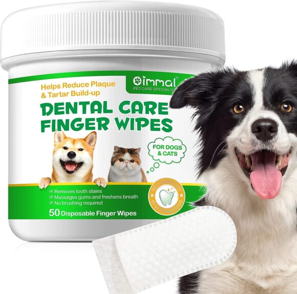 Oimmal 50Pcs Teeth Cleaning Wipes for Dogs  Cats, Dog Breath Freshener Dental Finger Wipes, Dog Dental Care Wipes Helps Wipe Away Plaque  Tartar - Freshens Breath, No-Rinse Dog Finger Toothbrush