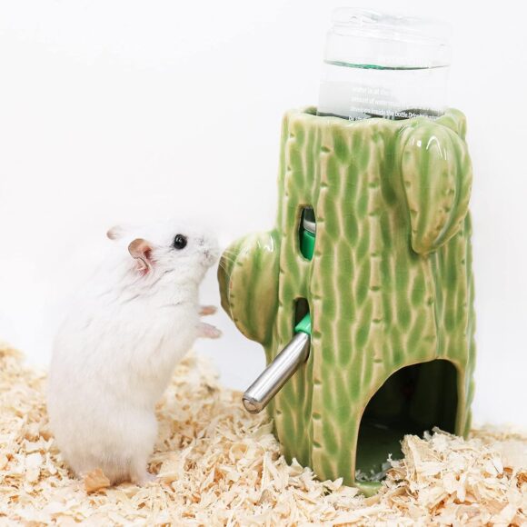 Oooct Hamster Water Bottle, Adjustable Ceramic Cactus Water Stand Holder with 80ML Water Bottle, Small Animal Cage Accessories and Decoration, Suitable for Hamsters Rats Guinea Pig Hedgehog