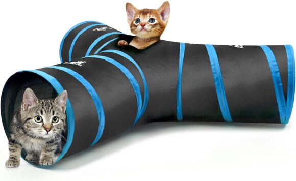Pawaboo Cat Toys, Cat Tunnel Tube 3-Way Tunnels 25x40cm Extensible Collapsible Cat Play Tent Interactive Toy Maze Cat House Bed with Balls and Bells for Cat Kitten Kitty Rabbit Small Animal, Blue