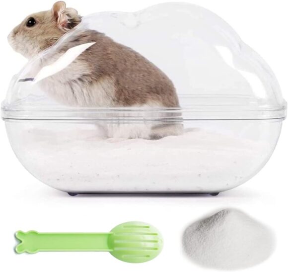 PESNLO Hamster Small Animal Sand Bath Box Bathtub Critters Bathroom with Bath Sand and Scoop Accessories for Mice Hedgehog Lemming Gerbils or Other Small Pets (Medium)