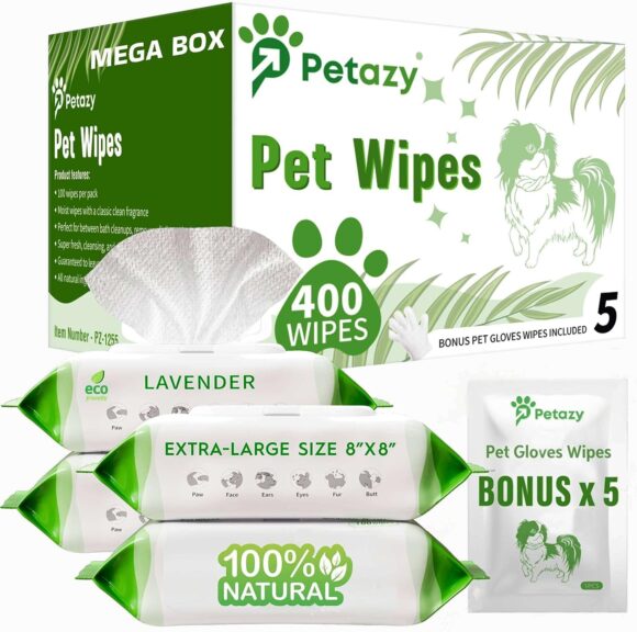 Petazy 400 Dog Wipes for Paws and Butt Ears Eyes | Organic Pet Wipes for Dogs | Lavender Scented Dog Wipes Cleaning Deodorizing | Extra Thick Paw Wipes for Dogs Cats Pets | Bonus Glove Wipes Included