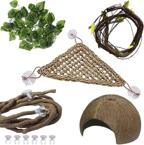 PINVNBY Bearded Dragon Tank Accessories,Lizard Habitat Hammock Reptile Natural Coconut Shell Cave Jungle Climber Bendable Vines Leaves Decor for Gecko Chameleon Snakes Lizards(5 Pcs)