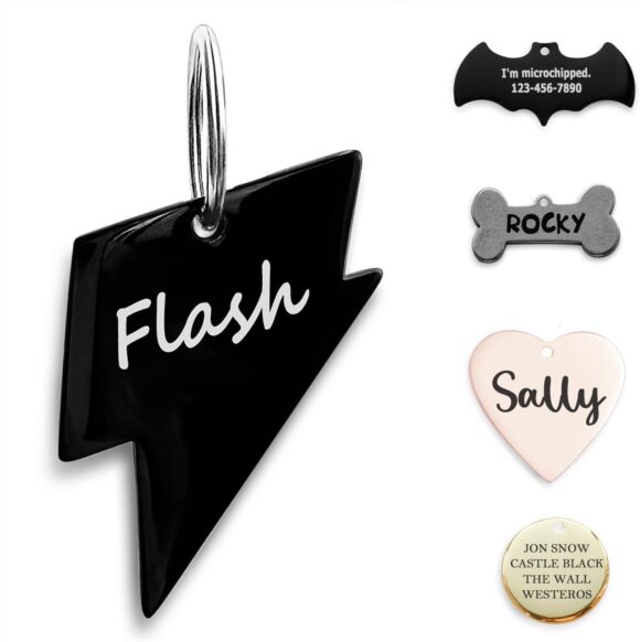 Premium 316 Surgical Grade Stainless Steel Personalized Dog  Cat ID Tags - Fun Shapes for Sporty Outdoor Pets - Custom Engraved Name  Info for Collar Accessories  Pet Necklaces Lighining