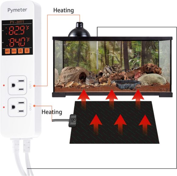 Pymeter Digital Temperature Controller Dual Probe Reptile Thermostat Controlled Outlet for Terrarium Heat Mat Heating Pad, Switch Cooling Fan Freezer Fridge ON  Off at Setpoints 10A 1200W