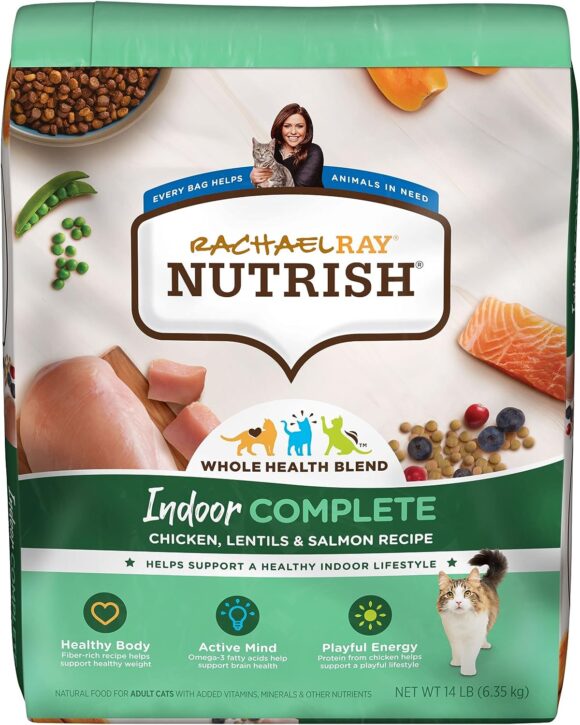 Rachael Ray Nutrish Indoor Complete Premium Natural Dry Cat Food, Chicken with Lentils  Salmon Recipe, 14 Pounds (Packaging May Vary)