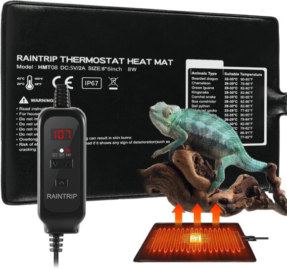 Raintrip Reptile Thermostat,Reptile Heating Pad,8W, Suitable 10-20Gal Terrarium,Temperature Controller for Turtle/Snake/Lizard/Frog/Spider/Plant Box