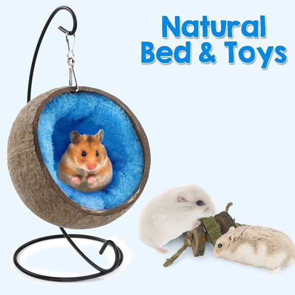 Ranslen Natural Coconut Hamster Hideout Hammock with Molar Toy Suspension Coconut Husk Hamster Bed House with Warm Pad Small Animal Guinea Pigs Habitat Decor Accessories Hanging Loop (Brown)