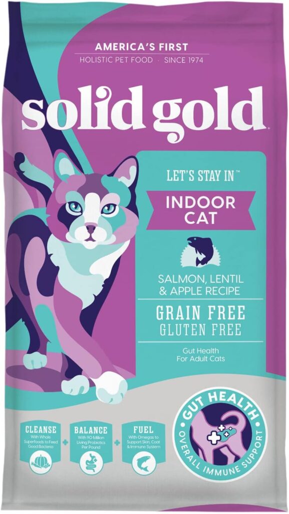 Solid Gold Indoor Dry Cat Food - Lets Stay in Cat Food Dry Kibble for Indoor Cats - Hairball  Sensitive Stomach - Grain  Gluten Free - Probiotics  Fiber for Digestive Health - Salmon - 3lb