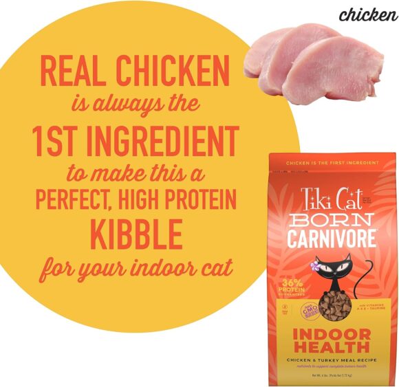 Tiki Cat Born Carnivore Indoor Health, Chicken  Turkey Meal, Grain-Free Baked Kibble to Maximize Nutrients, Dry Cat Food, 6 lbs. Bag