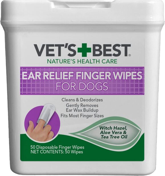 Vets Best Ear Relief Finger Wipes | Ear Cleansing Finger Wipes for Dogs | Sooths  Deodorizes | 50 Disposable Wipes