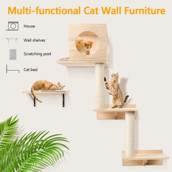 Wall Mounted Tall Scratching Post, Cat Activity Tree Tower Set: Floating Shelf, Climbing Step and Interior Bed Area, Wooden Handcrafed Cats Furniture for Sleeping Playing Lounging Perching