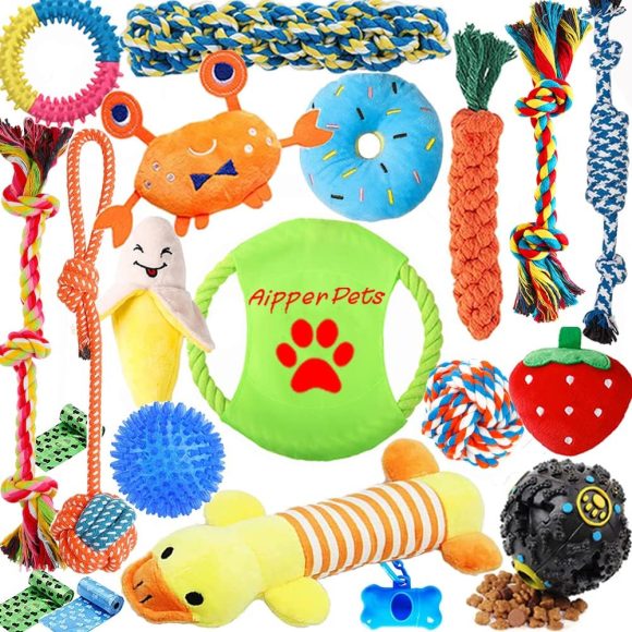 Aipper Dog Puppy Toys 20 Pack, Puppy Chew Toys for Fun and Teeth Cleaning, Dog Squeak Toys,Treat Dispenser Ball, Tug of War Toys, Puppy Teething Toys, Dog Rope Toys Pack for Medium to Small Dogs