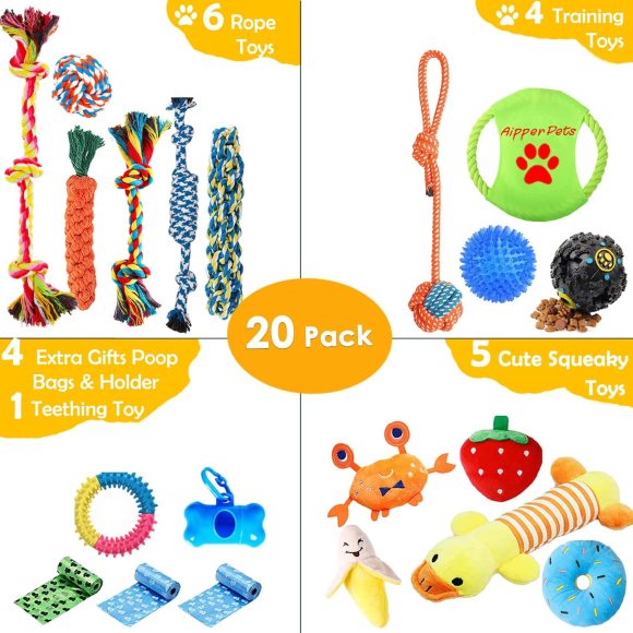 Aipper Dog Puppy Toys 20 Pack, Puppy Chew Toys for Fun and Teeth Cleaning, Dog Squeak Toys,Treat Dispenser Ball, Tug of War Toys, Puppy Teething Toys, Dog Rope Toys Pack for Medium to Small Dogs