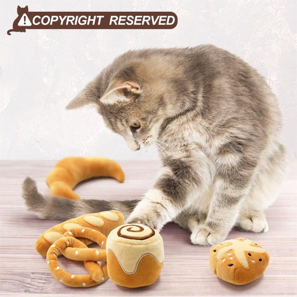 Bread Catnip Toys Kitten Interactive Toys for Cat Lover Gifts Kitty Chew Bite Kick Toys Supplies Baguette Croissant Pretzel Toast Bun Cinnamon Roll Plush Catmint Pet Presents Set of 6