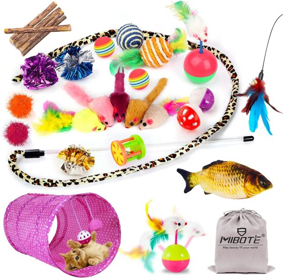 MIBOTE 28Pcs Kitten Toys Assorted, Cat Tunnel Catnip Fish Feather Teaser Wand Fluffy Mouse Mice Balls and Bells Toys for Cat Puppy Kitty