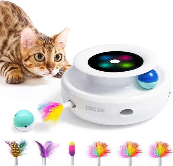 ORSDA 2in1 Interactive Cat Toys for Indoor Cats, Timer Auto On/Off, Cat Toy Balls  Ambush Feather Electronic Cat Toy, Cat Mice Toy for Entertainment with 6pcs Feathers, Dual Power Supplies