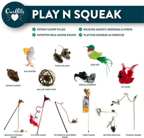 OurPets Play-N-Squeak Real Birds Interactive Cat Toys with Catnip (Cat Toys for Indoor Cats, Catnip Toys, Catnip Toys for Cats with Bird Chirping Electronic Sound and Feather)