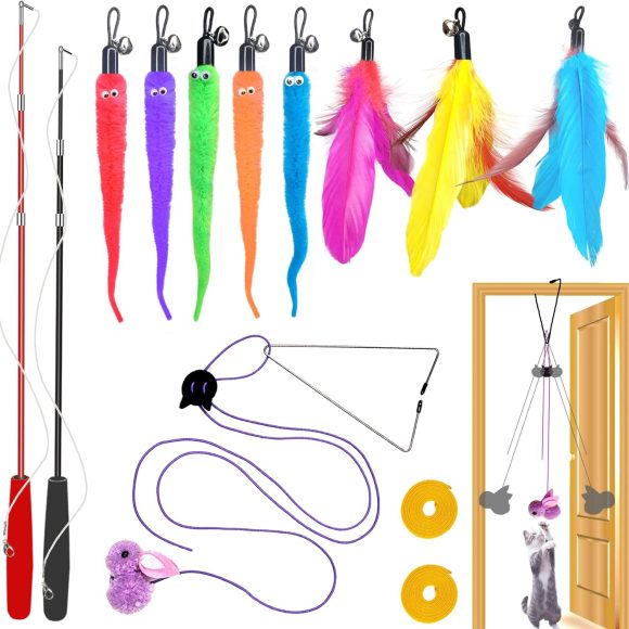 ZPH Cat Toys Interactive for Indoor Cats,2PCS Retractable Cat Wand Toys,9PCS Teaser Toys1PCS Hanging Door Lure Cat Toy,Interactive Feather Toy for Teaser Play and Chase Exercise with Kitten